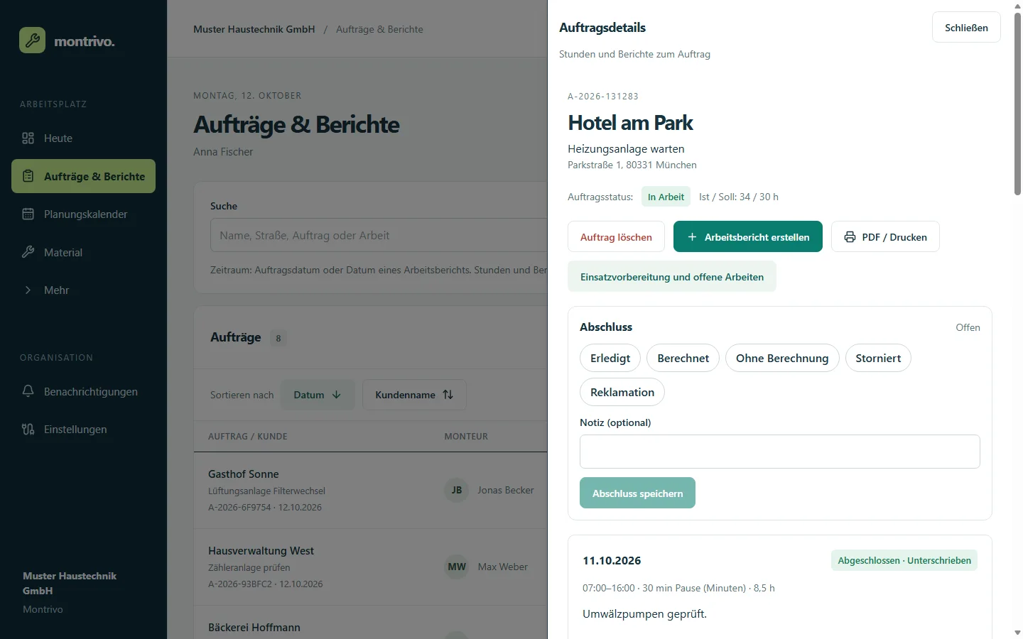 Auftragsdetails mit Ist- und Sollstunden, Abschluss und Arbeitsberichten