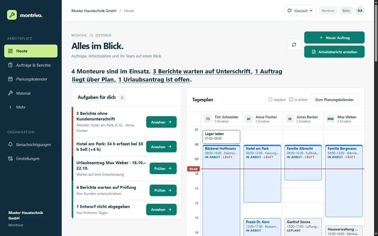 Montrivo im Büro: Ansicht Heute mit Aufgaben, Tagesplan aller Monteure und farbigem Auftragsstatus
