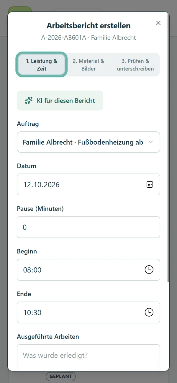 Handyansicht: Arbeitsbericht erstellen in drei Schritten